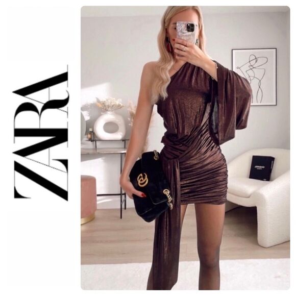 NWOT Zara Blogger’s Favorite Bronze Shiny Asymmetric Shimmer Mini Dress, Medium - Picture 1 of 16